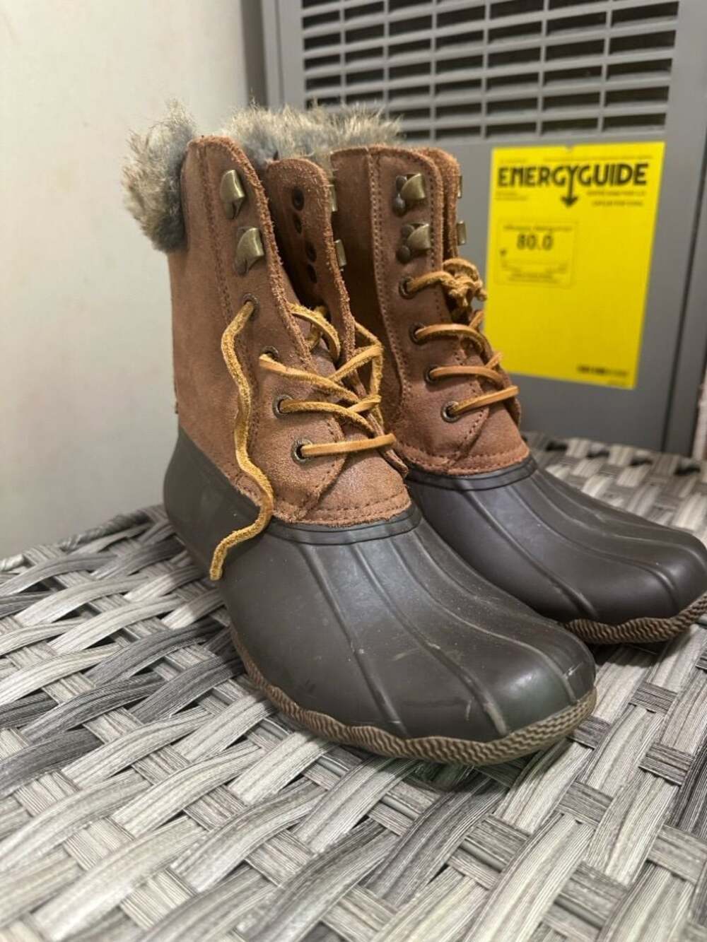 Sperry Saltwater Duck Boots Brown Suede Faux Fur Lined